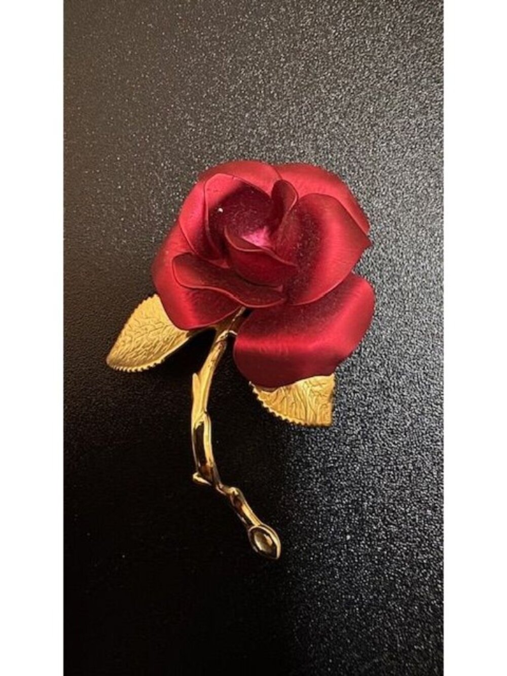 Vintage Satin Red Rose Flower Enamel Signed USA Gold Tone Brooch